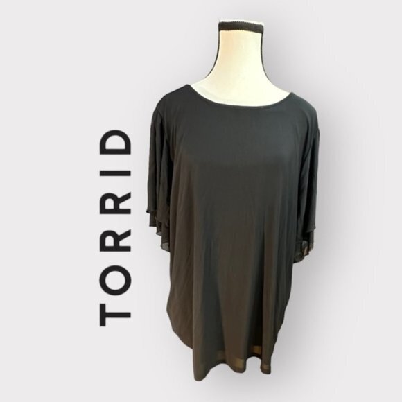 Women’s Torrid 2 Black Slub Georgette Top with Layered Flutter Sleeve 2X 18 20 - Picture 1 of 10